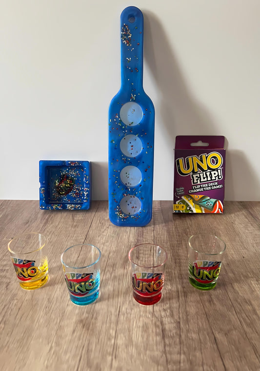 Flip the Card Game and Customized Drink Flight Board with Shot Glasses (21 and over)