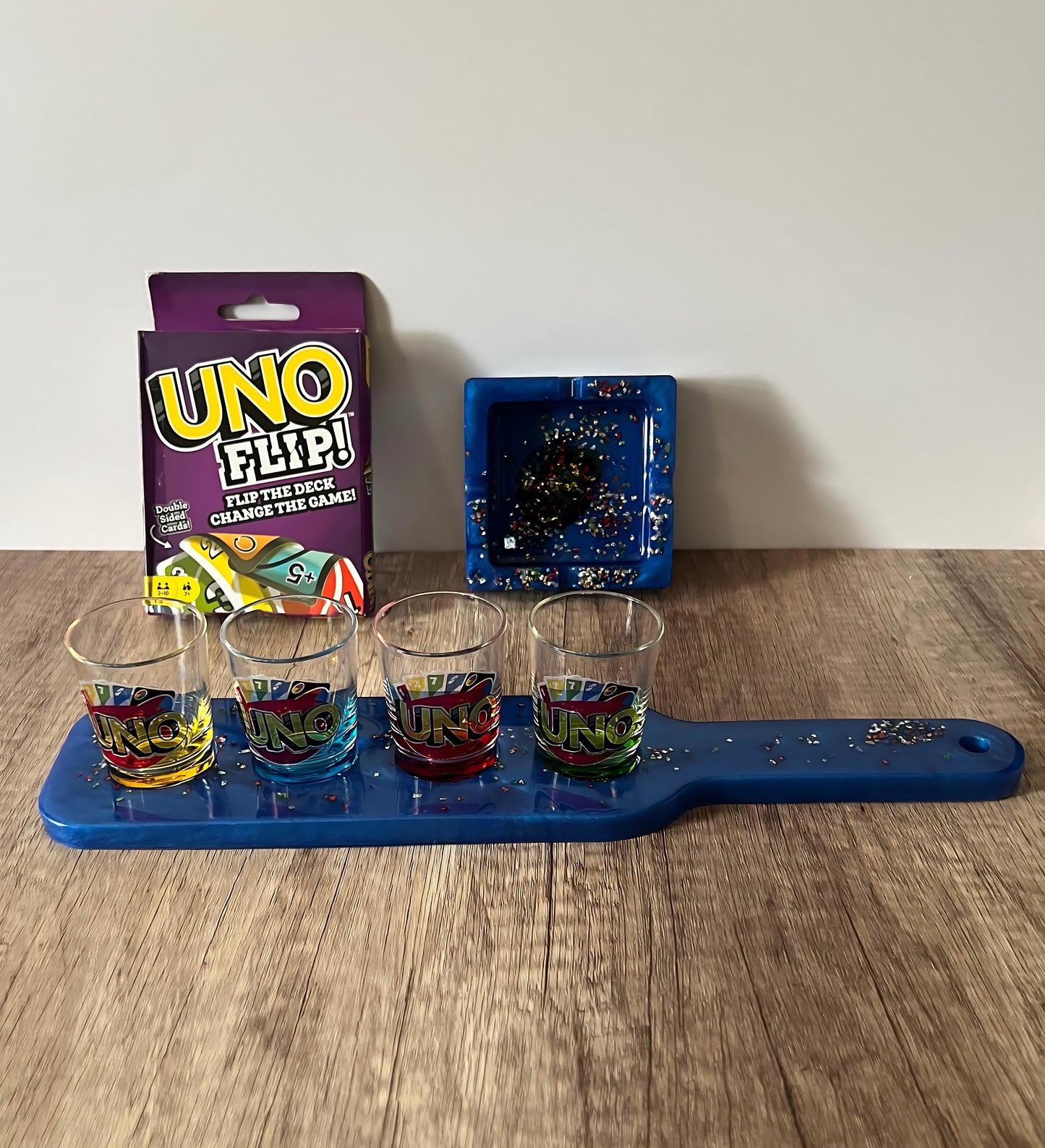 Flip the Card Game and Customized Drink Flight Board with Shot Glasses (21 and over)