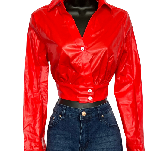 Ke Faux Leather Button Front Crop Top